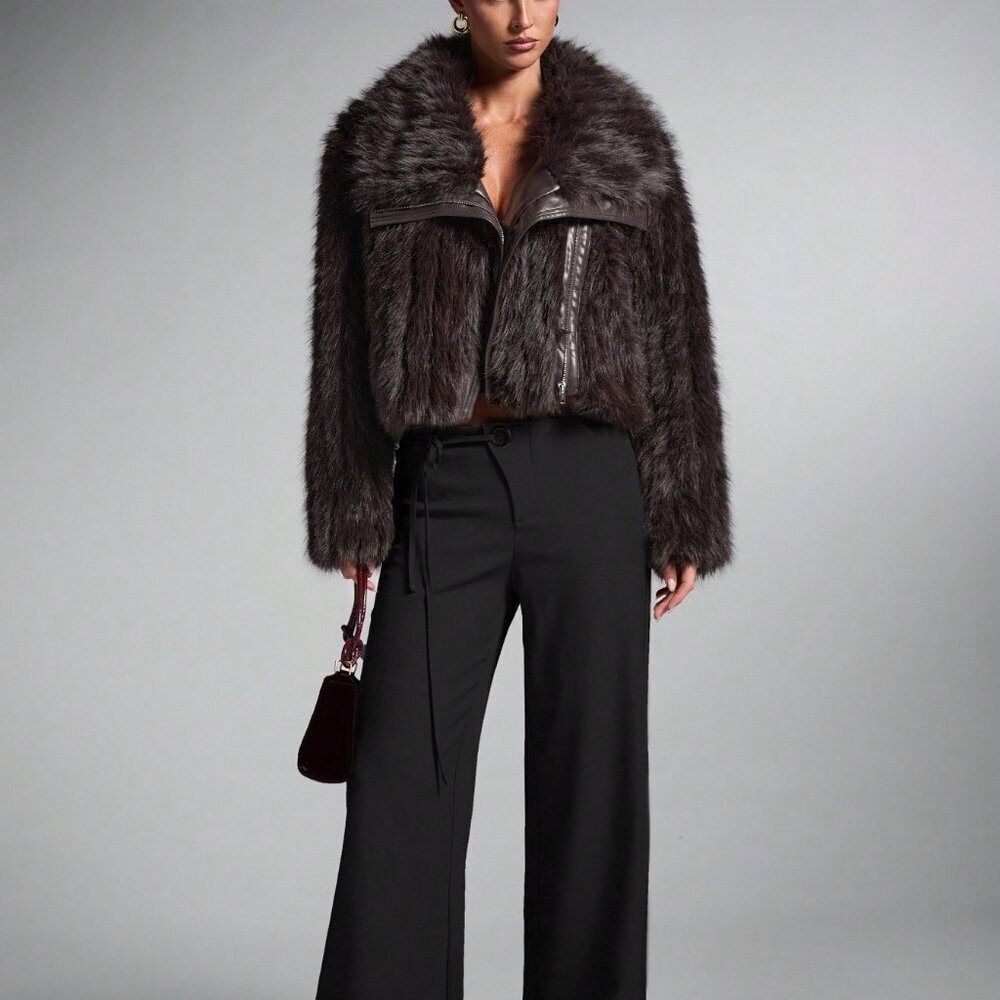 Brown Elegant Women's Oversized Patchwork Faux Fur Coat jacket - Picture 6 of 9